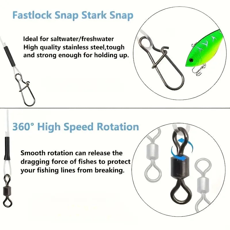 10pcs Heavy-Duty Fluorocarbon Fishing Leader Line with Swivel Clips - Low-Vis Anti-Bite Wire Leaders for Saltwater & Freshwater, Quake
