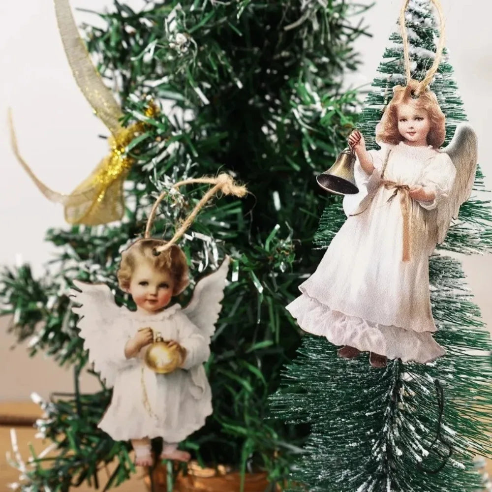 60/12PCS Vintage Angel Wooden Pendants with Rope DIY Christmas Tree Hanging Ornament Christmas Holiday Home Party Decor Supplies Quake