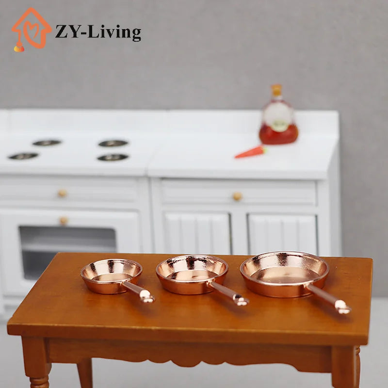 3pcs/Set 1:12 Dollhouse Miniature Frying Pan Casserole Metal Cookware Kitchen Model Decor Toy Doll House Accessories Quake
