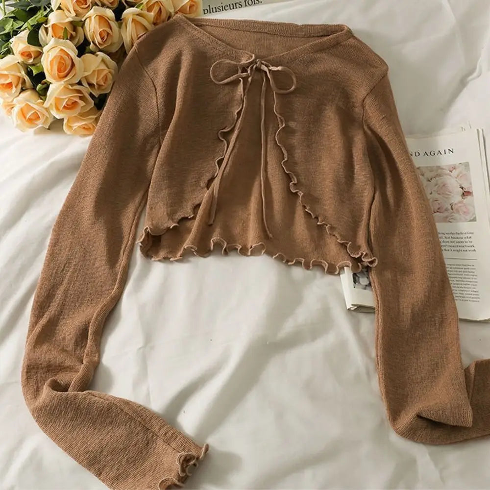 Thin Sunscreen Cardigan Ruffle Design Long Sleeve Sun Protected Polyester Sunscreen Clothing Short Coat Casual Women Quake Coffee