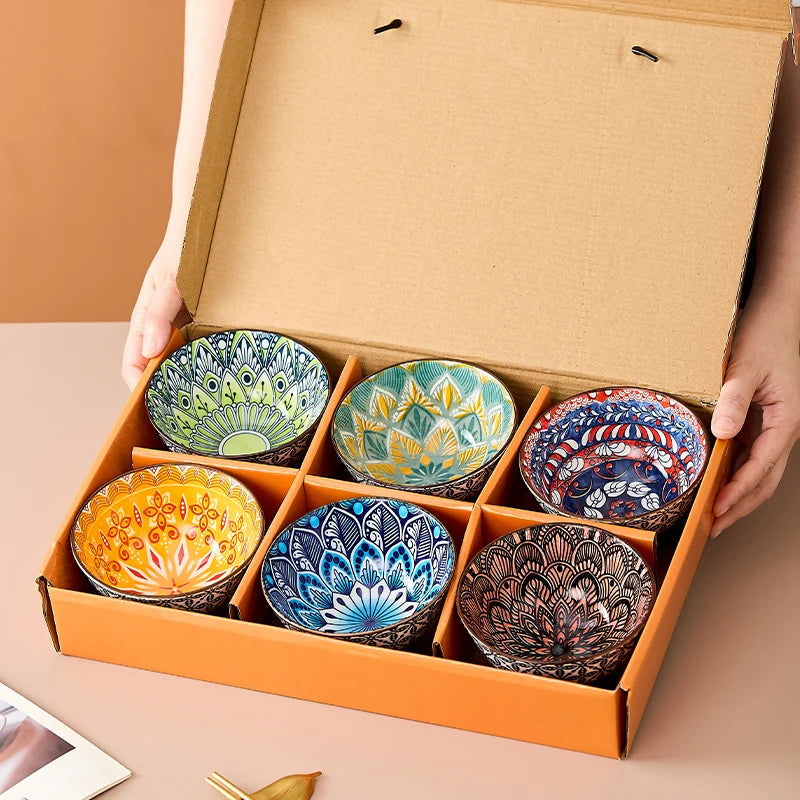 6-Piece Bohemian Mandala Ceramic Bowls - Dishwasher & Microwave Safe, Perfect for Cereal, Soup, Pasta, Salad, Ice Cream Bowls Quake