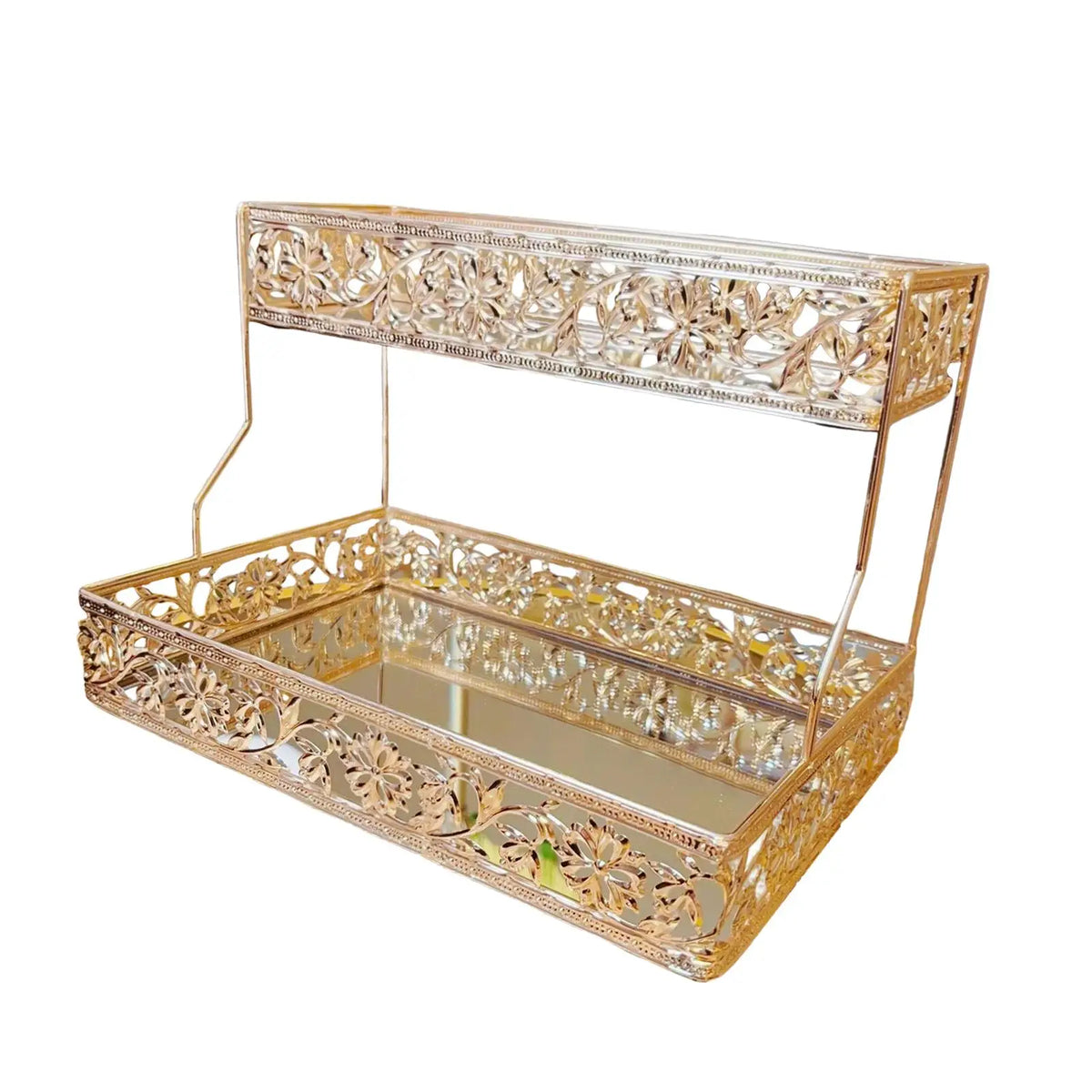 Skincare Organizer Tray Metal Counter Makeup Storage Two Layer Vanity Rack for Bathroom Bedroom Use Quake