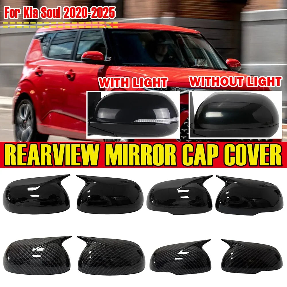 For Kia Soul 2019-2025 Car Sticker Rearview Side Mirror Cover Wing Cap Exterior Door Rear View Case Trim Carbon Fiber Look Black Quake