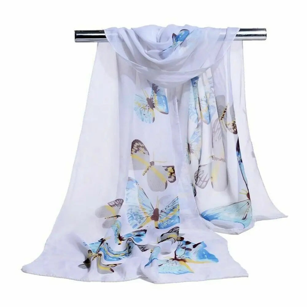 New Trendy Elegant Silk Scarves Women's Butterfly Flower Print Long Chiffon Scarf Soft Wrap Lady Shawl Fashion Accessories Quake white