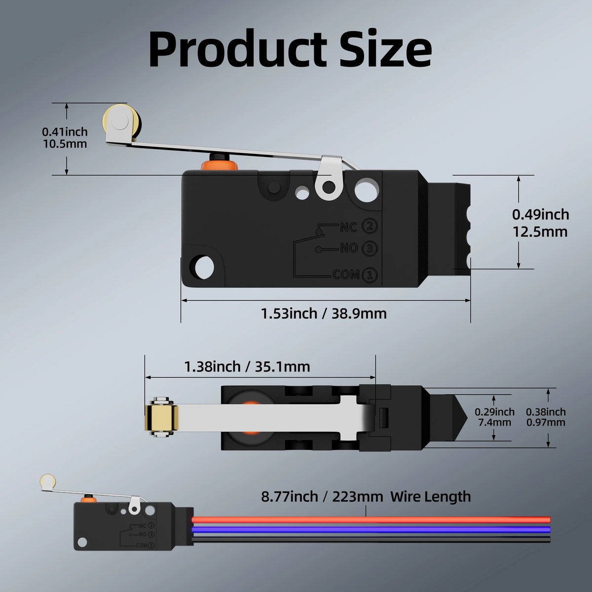 2PCS Waterproof Micro Limit Switch with Long Straight Roller Lever SPDT 3 PIN Pre-wired 10A 125 250V Micorswitch for Electronic Quake