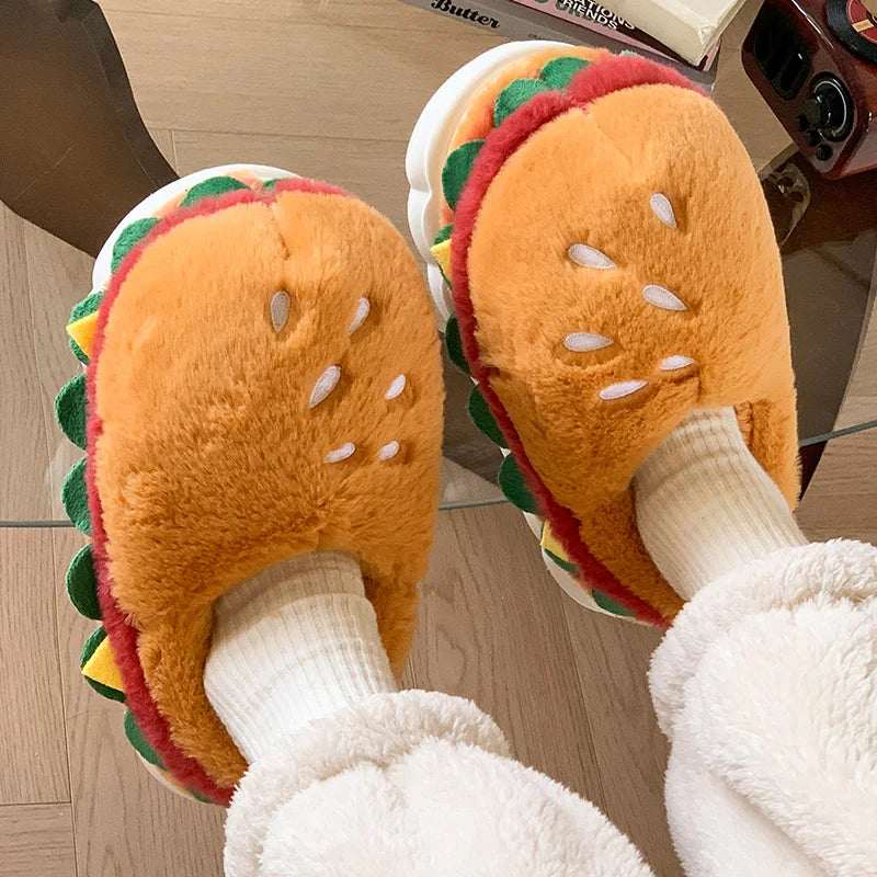 Hamburger Cotton Slippers for Women in Winter New Home Bag and Warm Plush Couple Cotton Shoes for Women Quake