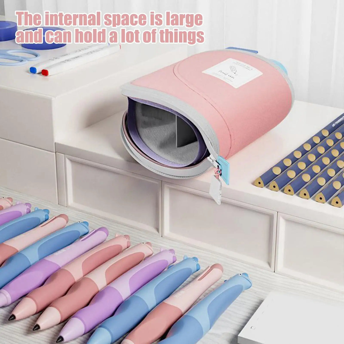 Large Capacity Pencil Case Desk Pencil Holder Pen Case 2 in 1 Retractable Container Large Storage Organizer Desk Accessories Quake