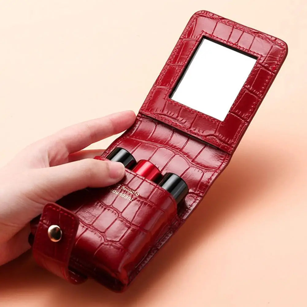 PU Lipstick Case Holder with Mirror Lipstick Holder Makeup Travel Cases Organizer Bag Mini Handheld Lipstick Pouch for Women Quake