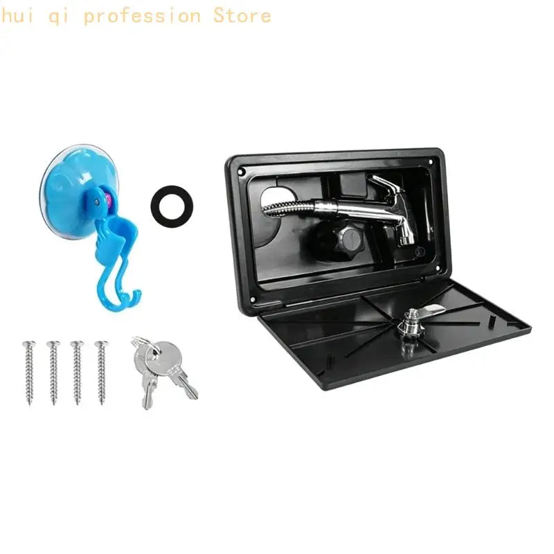 Lockable Motorhome Shower Box with Recessed Storage Compartment, Hose Sprayer, Keys and Hot Cold Water Control H8WE Quake Black CN