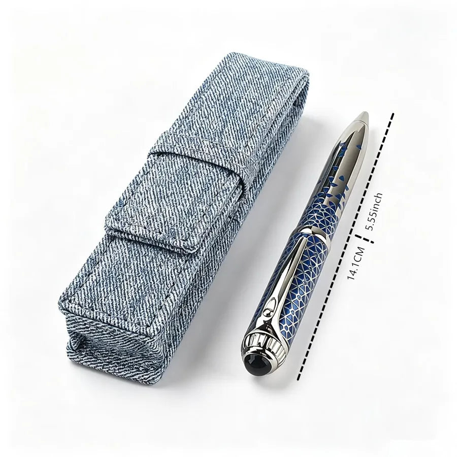 Vintage Blue Geometric Pattern Metal Ballpoint Pen With Denim Pen Sleeve Luxury Writing Business Office Gift Pen Quake