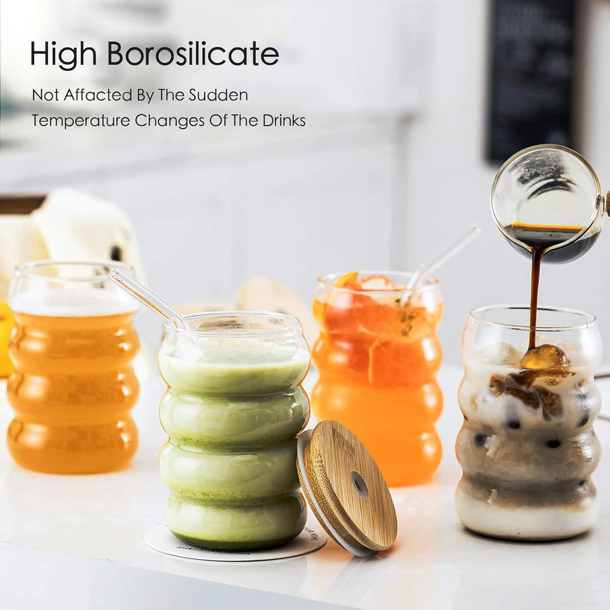 YWD 1/2/4PCS Glass Cup with Lid Straw Heat-resistant Wave Cup Beer Juice Ice Coffee Cups Cocktail Fruit Glass Drinkware Quake