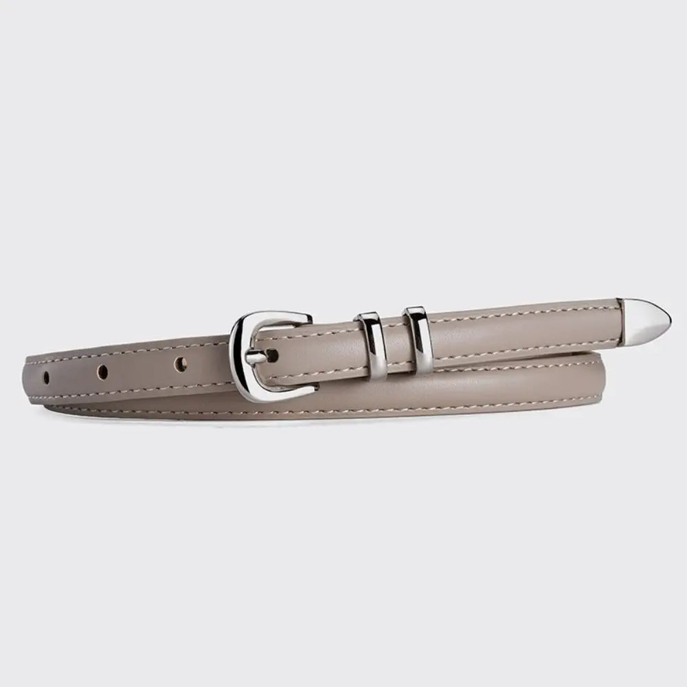 Trend Luxury Design PU Leather Belt Casual Retro Silver Pin Buckle Waistband Versatile Thin Belts Quake beige