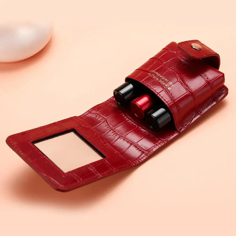 PU Lipstick Case Holder with Mirror Lipstick Holder Makeup Travel Cases Organizer Bag Mini Handheld Lipstick Pouch for Women Quake