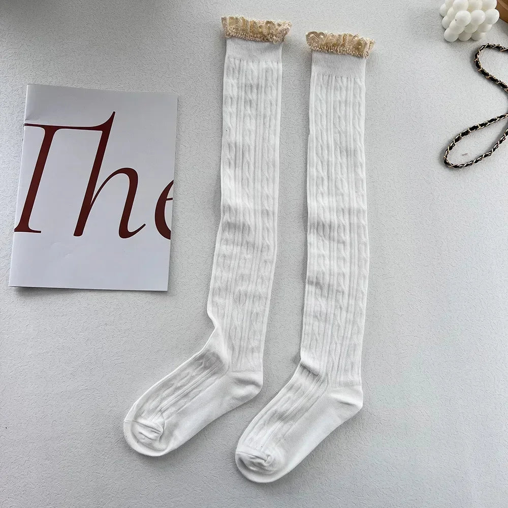 Japanese Sweet Lace Cording Socks Over Knee Thigh Retro Fried Dough Twists Lolita Wears Small Boots Socks Female Quake white One Size