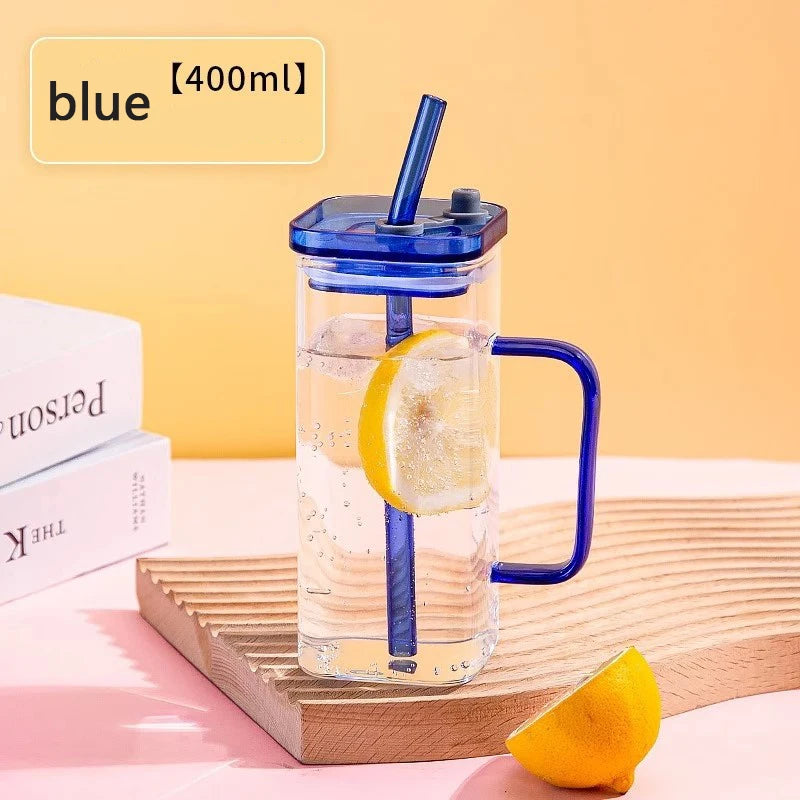 YWDL 350ml Glass Straw Cup With Lid And Straw Iced Coffee Handle Cup Drinking Mug For Juice Milk Tea Quake blue 350ml