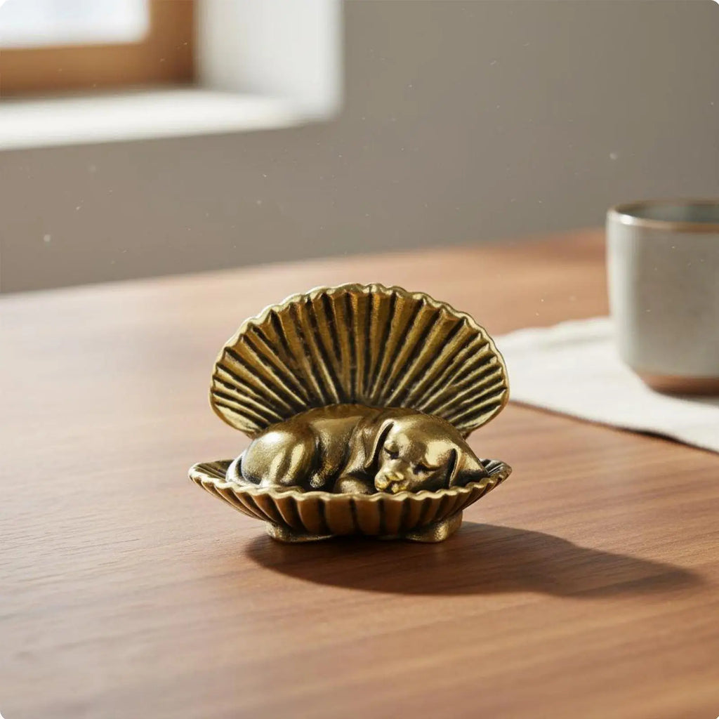 Creative Brass Puppy Figurine with Shell Design Metal Dog Ornament for Home Decor Aromatic Scent Holder Cute Canine Statue Quake