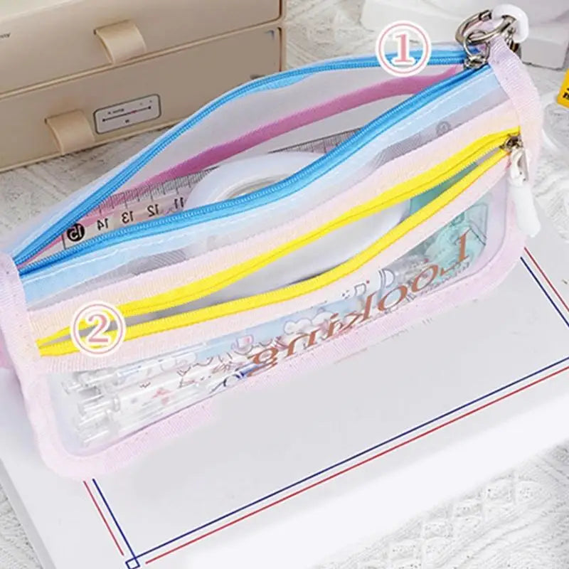 High Capacity Pen Bag Clear Mesh Pencil Case Double Layered Pen Organizers K1KF Quake