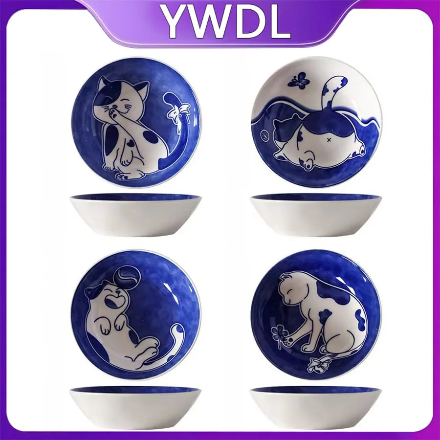 YWDL 4pcs Deeper Cat Ceramic Sauce Dish Set Cute Cartoon Soy Sauce Seasoning Household Tableware Dip Dish Sushi Sauce Snack Dish Quake