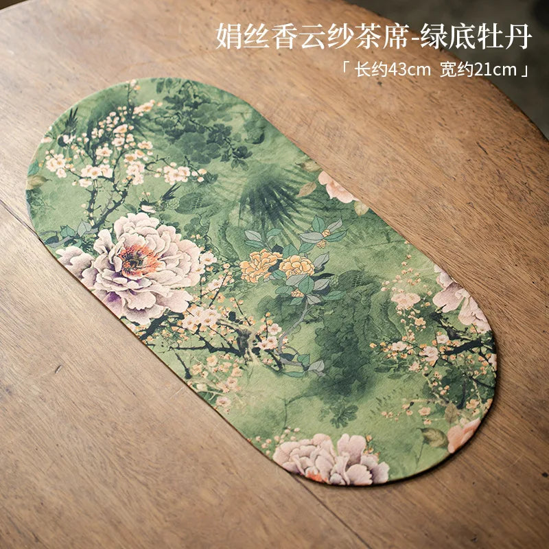 Double-sided Silk Fragrant Cloud Yarn Tea Mat Chinese Style Tea Table Heat Insulation Waterproof Mat Chinese Zen Dry Foam Mat Quake Background Peony