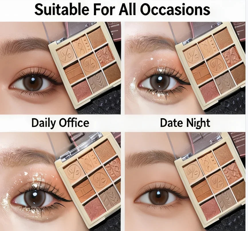 9-Grid Knitted Brown Eyeshadow Palette Matte & Shimmer 9 Colors Natural Waterproof for Graduation Prom Makeup Quake