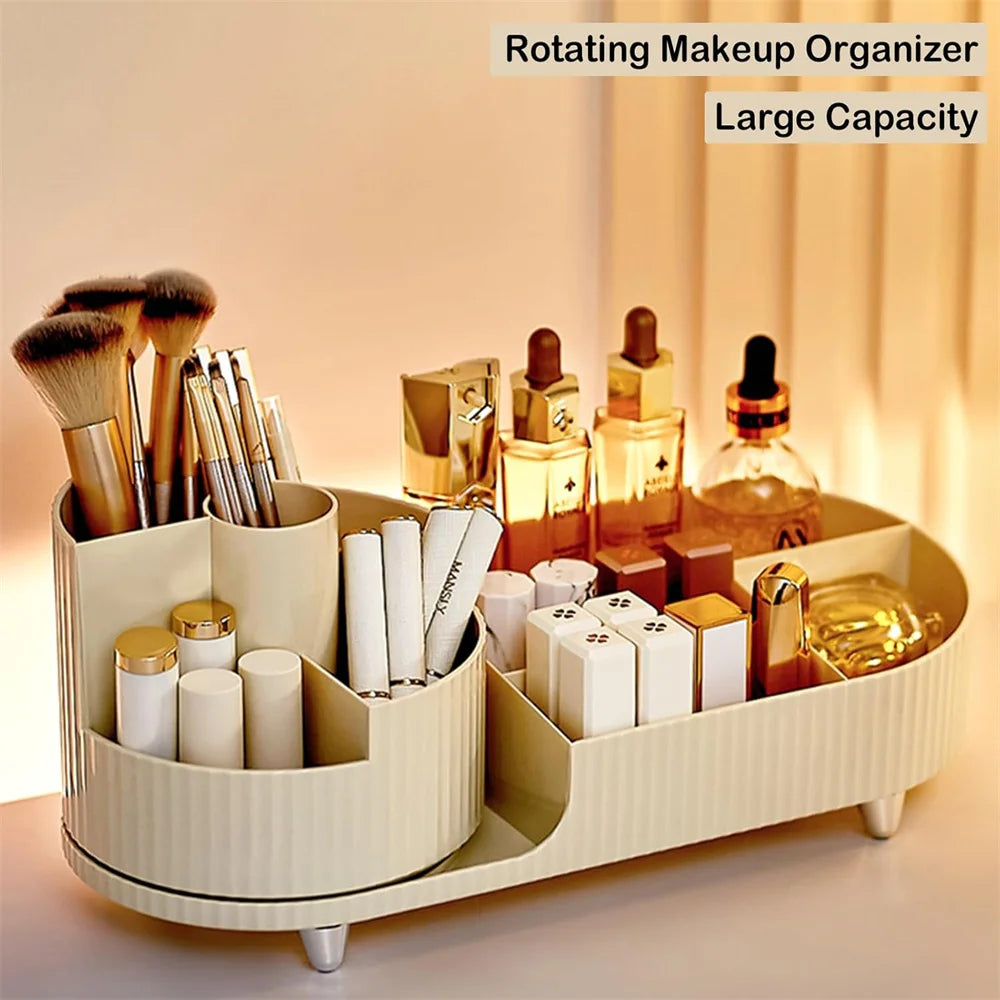 360° Rotating Makeup Organizer for Vanity with Brush Holder, Cosmetic Makeup Storage Organizer, Large Spinning Makeup Organizer Quake