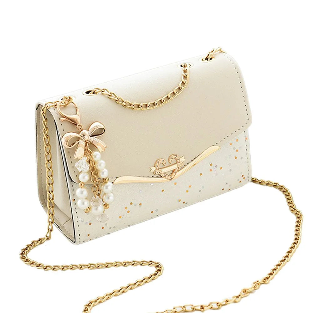 Fashion Messenger Bag Women Trendy Sequin Single Shoulder Bags Mobile Phone Pouch Ladies PU Leather Handbag with Tassel Pendant Quake beige