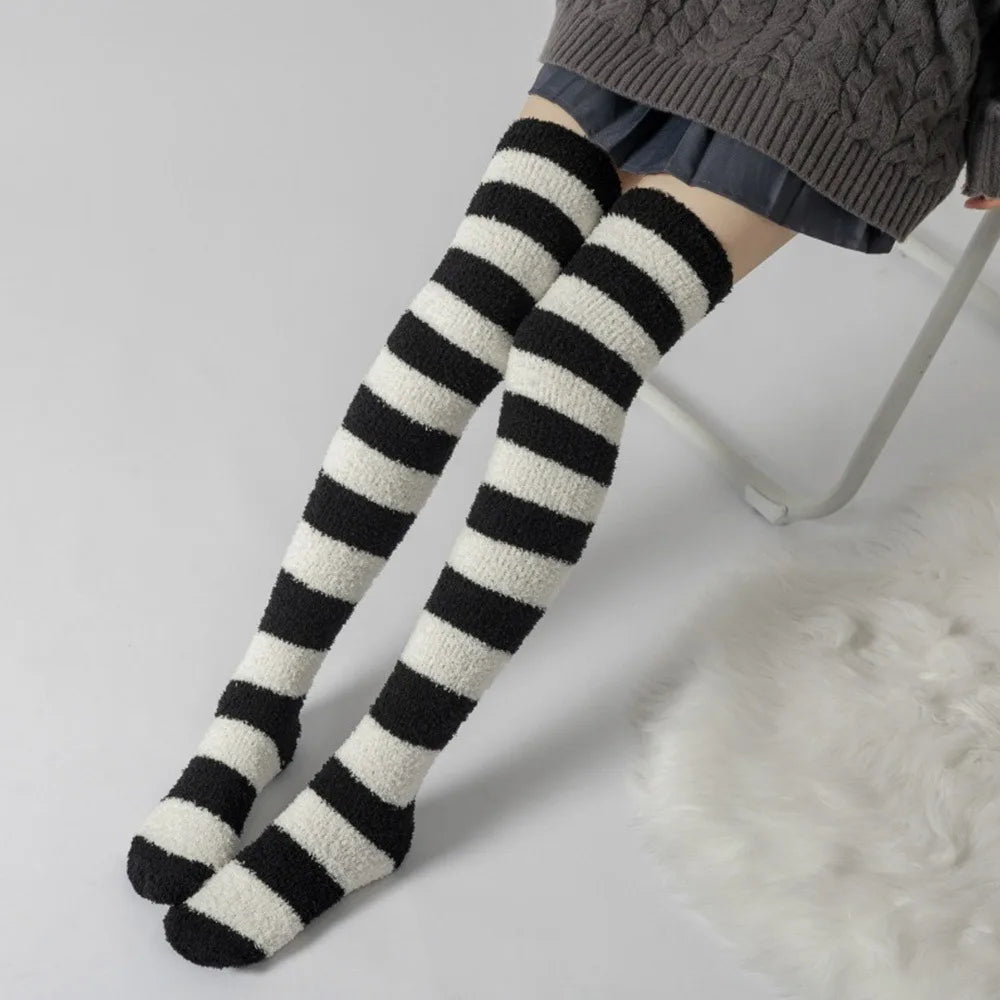 Soft Warm Striped Stockings Long Tube Comfortable Over Knee Socks Coral Velvet Cozy Lined Terry Socks Winter Quake 10 One Size