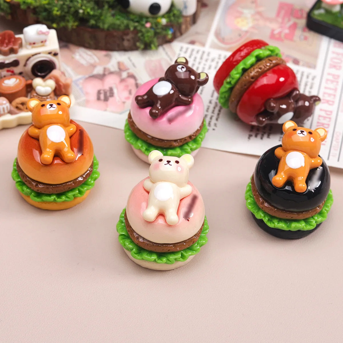 5Pcs Simulation 1:12 Bear Hamburger Resin Cabochon 3D Miniature Fake Food For Craft DIY Jewelry Making Dollhouse Accessories Quake