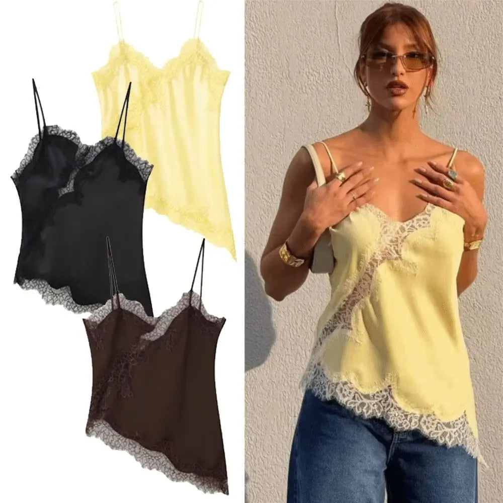 Elegant Asymmetrical Lace Lace Patchwork Top Sexy Lace Sleeveless Camisole Tops Backless Elegant Backless Tops Summer Wear Quake