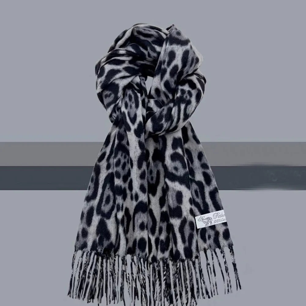 Korean Leopard Tassels Shawl Imitation Cashmere Windproof Foulard Pashmina Hijabs Thickened Winter Warm Scarf Neck Warmer Quake Grey