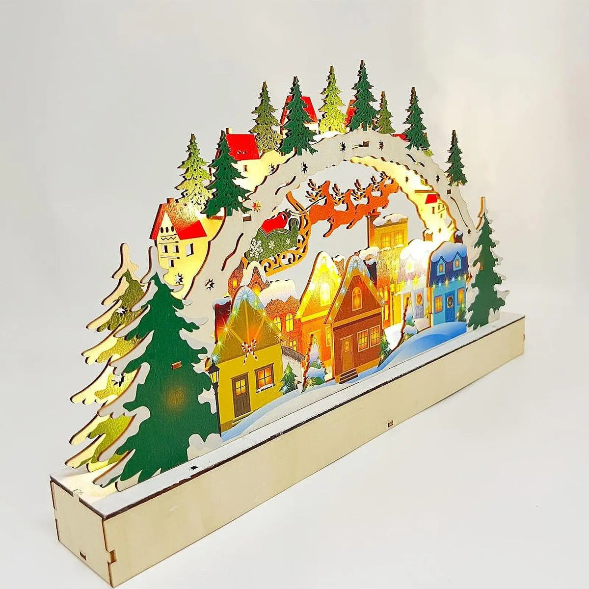 Wooden Christmas Decoration Village Houses Statue Lamp Collectible Silhouette Lighting Miniature Ornament LED Holiday Decoration Quake
