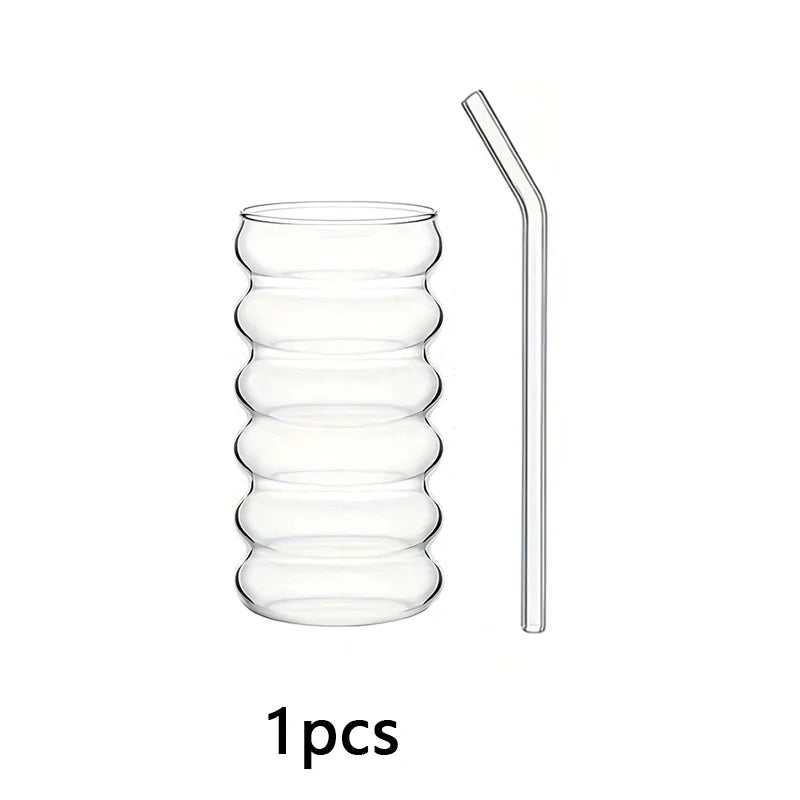 350/480ml Wave Design High Borosilicate Glass Tumbler with Straw Iced Coffee Cup Heat Resistant Tumbler for Cold Beverages Quake 1pcs 480ml 350-480ml