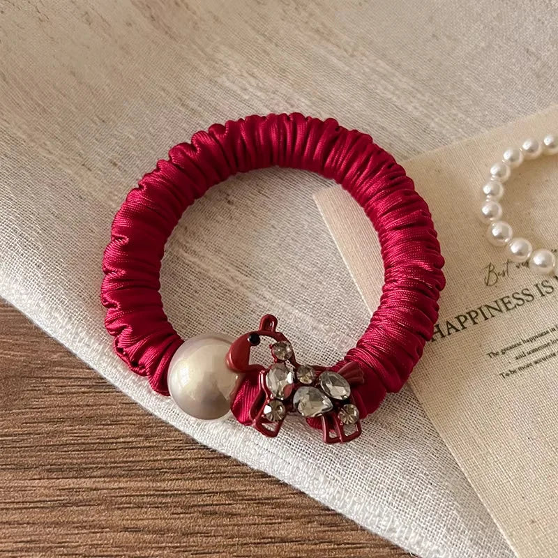 Rhinestone Pearl Horse Hair Ties for Women Elegant Elastic Rubber Bands Sweet Cute Animal Decoration Hair Accessories for Daily Quake red