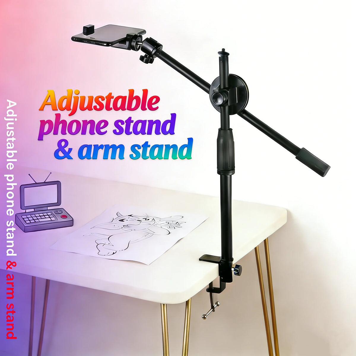 Rotatable Adjustable Phone Stand & Arm Stand Table Overhead Tripe Stand for Mobile Cellphone Filming Photography Articulated Arm Quake