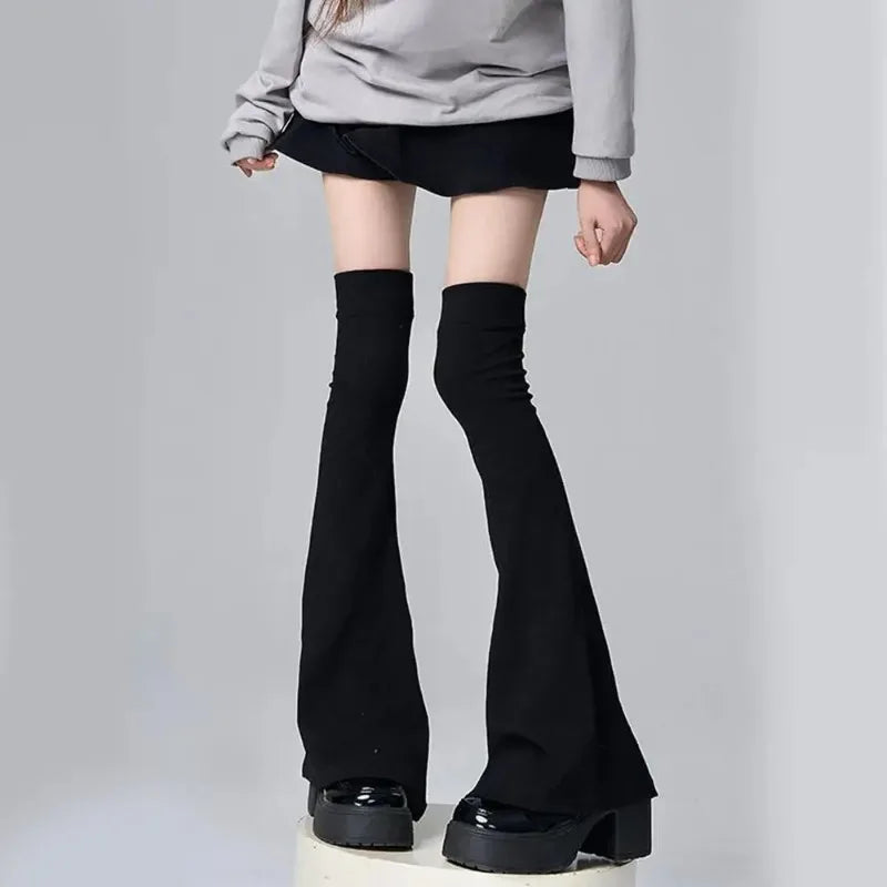 1 Pair Y2K Black White Gothic Lolita Over Knee High Socks Leg Stockings & Horn Shaped Cuffs Leg Warmers Quake