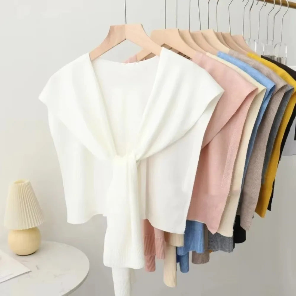 Fashion Knitted Design Knitted Shawl Knotted Solid Color Fake Collar Neck Guard Thin Shoulder Scarf Women Quake
