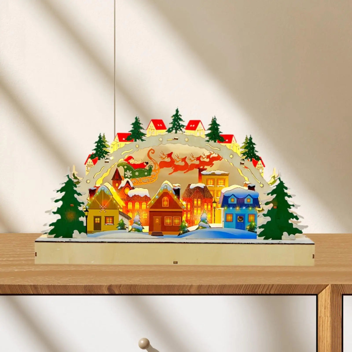 Wooden Christmas Decoration Village Houses Statue Lamp Collectible Silhouette Lighting Miniature Ornament LED Holiday Decoration Quake