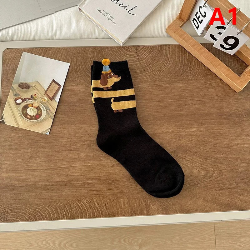 1Pair Funny Dachshund Animal Cotton Socks Sausage Dog Cartoon Print Socks Cute Couple Sock Quake One Size A1