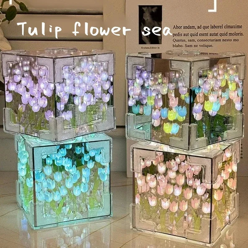 DIY Creative Tulip Flower Sea Cube 3D Small Night Lamp for Bedroom Handmade Craft Tulips for Girlfriend Couple Birthday Gift Quake