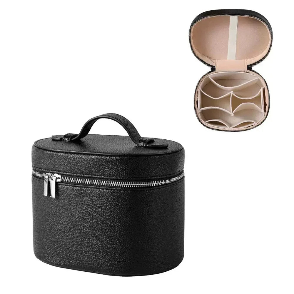 Large Capacity Cosmetic Box PU Leather Waterproof Makeup Bag Zipper Closure Internal Storage Box Toiletry Pouch Gift Idea Quake Black