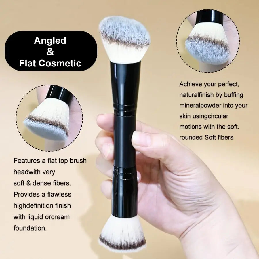 Dual-Ended Makeup Brush - Angled Contour & Flat Head Foundation Brush for BB Cream, Liquid Foundation, Seamless Blending Quake