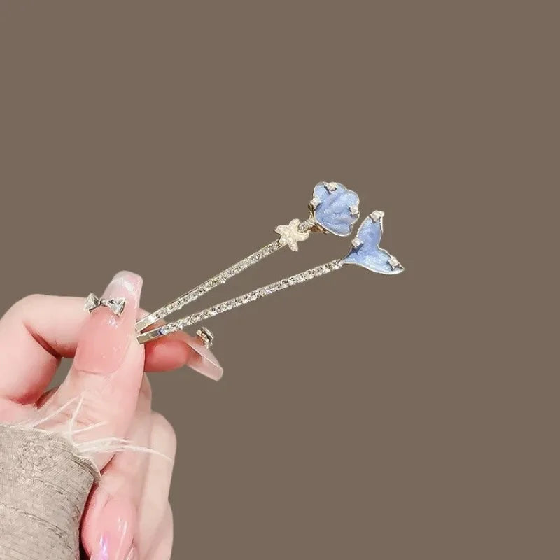 Sweet Girls Sea Blue Color Fish Tail Hair Clip Temperament Water Diamond Side Clip Fashion Bangs Clip Hair Styling Accessories Quake