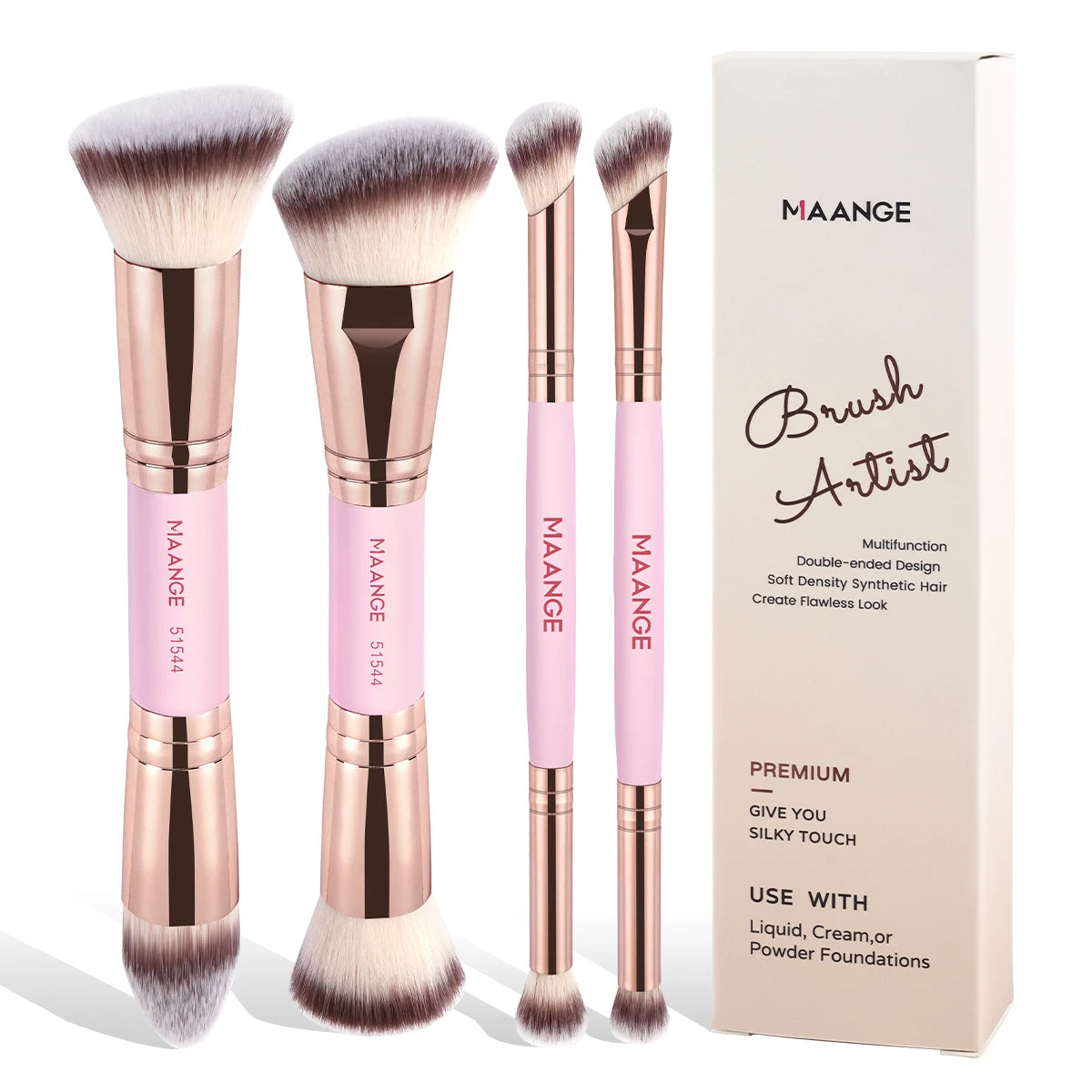MAANGE 4pcs Basic Makeup Brushes Set With Box Dual-ended Foundations Powder Blush Details for Eyeshadow Brushes Beginner Travel Quake Pink