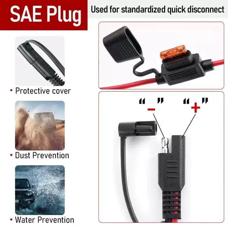 M3-10 Terminal to SAE Quick Extension Cable Motorcycle Battery Charger Adapter Wire with Optional Fuse Protection 12AWG Quake