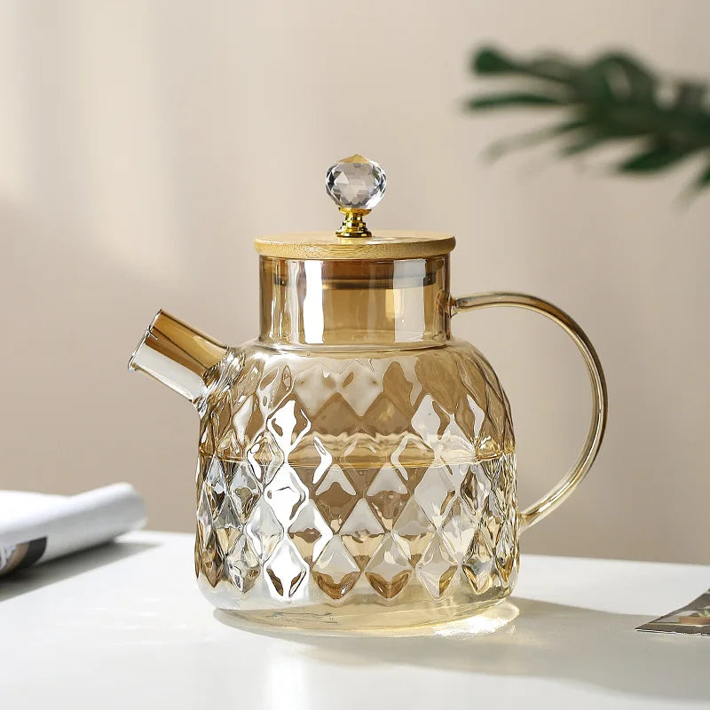 Glass Tea Kettle With Bamboo Lid And Removable Filter Spout Champagne Teapot For Loose Leaf Blooming Tea And Fruit Tea 1/15/1.8L Quake 1.5L