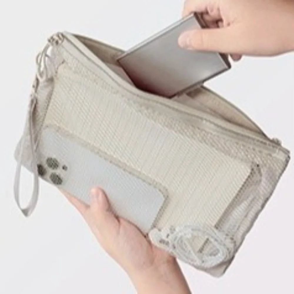Lightweight Mesh Storage Bag Polyester Solid Color Toiletry Bag With Zipper Multifunctional Cosmetic Bag Toiletry Storage Quake Beige-L