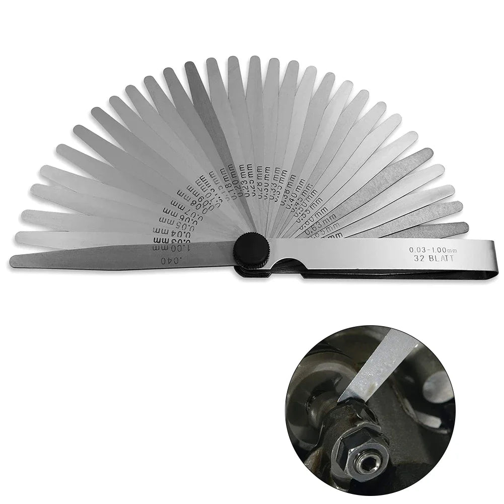 32pc Feeler Gauge Stainless Steel Measuring Tool Set 0.001-0.04" 0.03-1.00mm Feeler Gauge Motorcycle Tire Repair Tool Quake