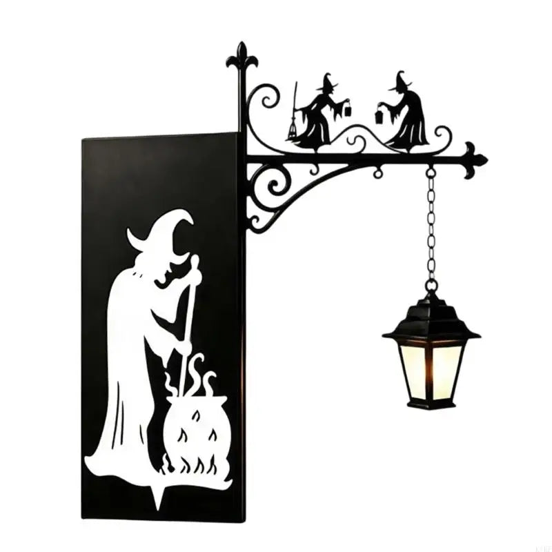 2 Piece Halloween Witch Bookend Set, Black Metal Book Dividers With Hanging Lantern Light for Bookshelf Reading Corners Quake