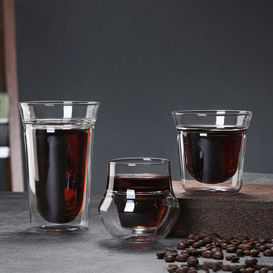YWDL Double-layer Glass Cup Set Espresso Coffee Cup Anti-scalding Brandy Wine Shot Glass Teacup Clear Mug 120/180/280ml Quake