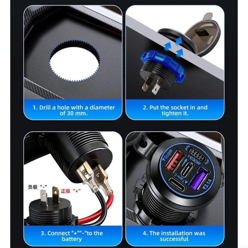 12V 24V 4 Port USB Car Chargers Fast PD Embedded Outlet With Switches Waterproof Cover For Auto Truck Motorcycle Boats K1KF Quake